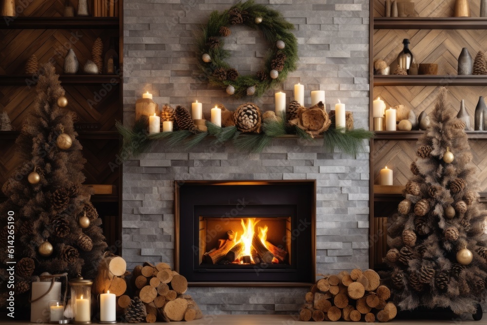 Cozy Christmas Background with Fireplace. Illustration AI Generative.