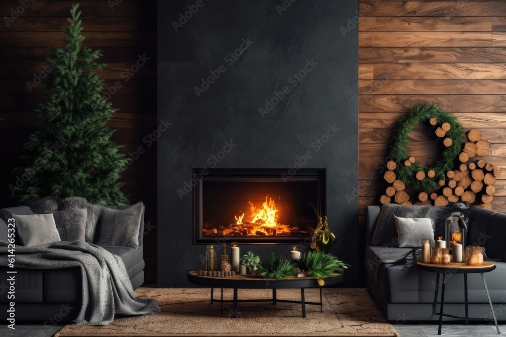 Cozy Christmas Background with Fireplace. Illustration AI Generative.