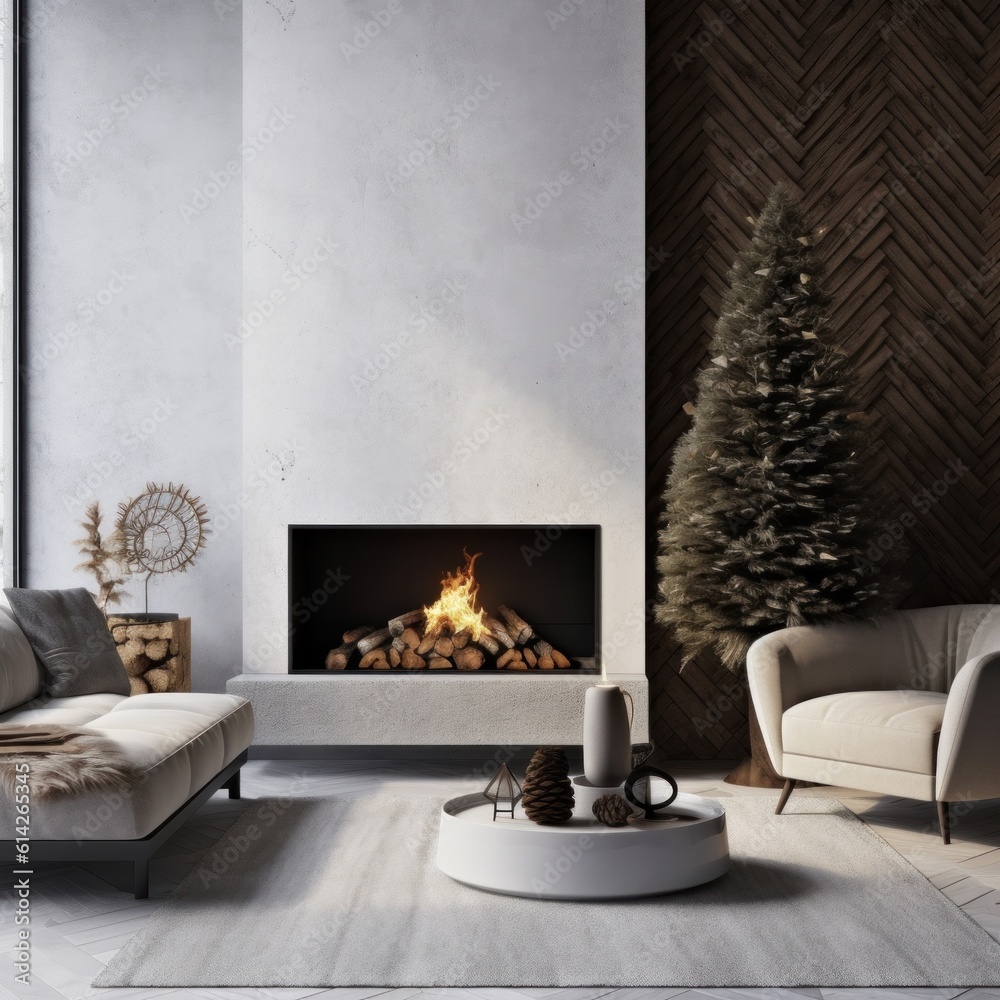 Cozy Christmas Background with Fireplace. Illustration AI Generative.