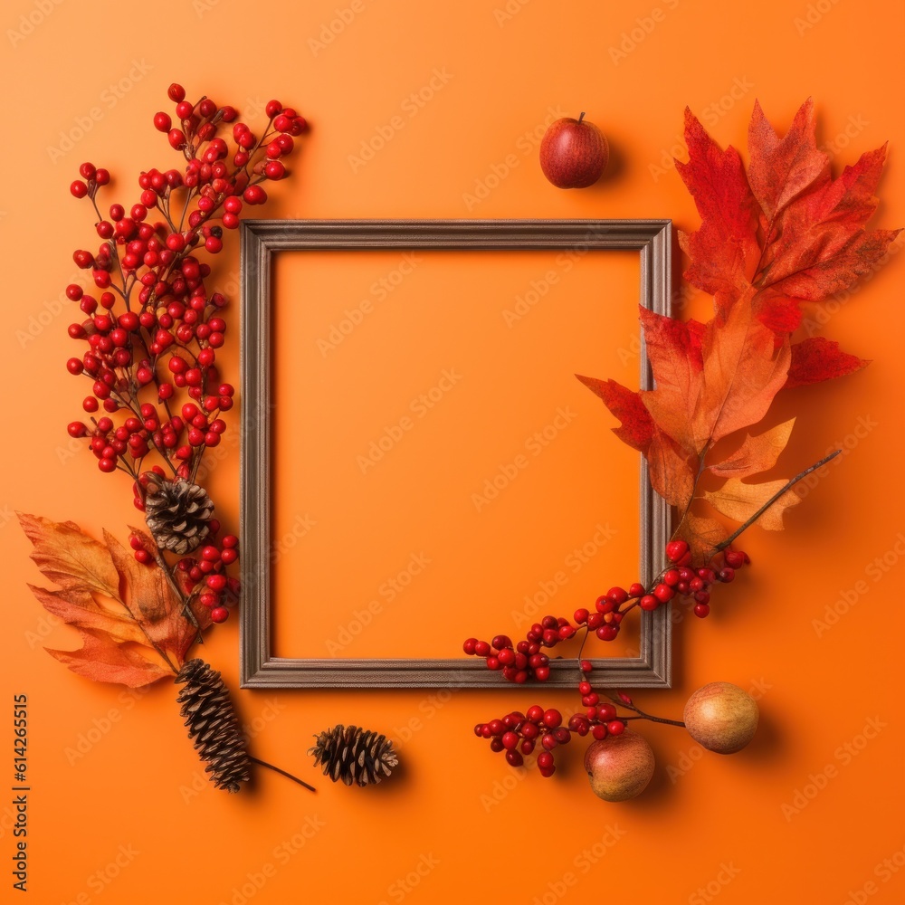 Autumn frame with falling leaves. Illustration AI Generative.