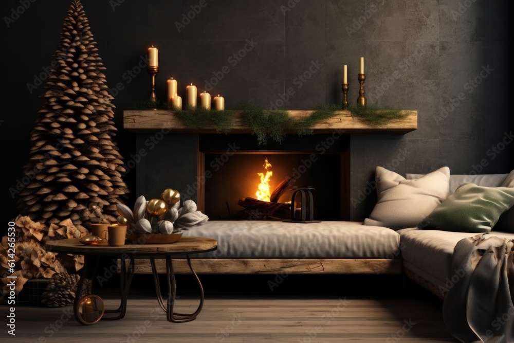 Cozy Christmas Background with Fireplace. Illustration AI Generative.