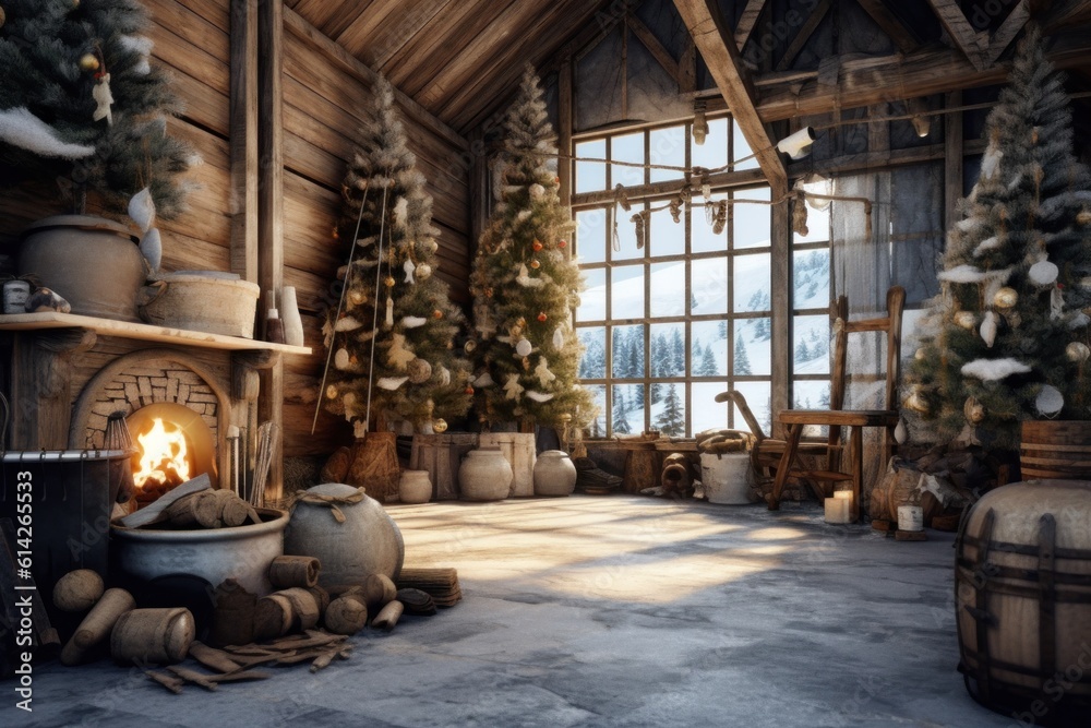 Decorated Winter Christmas Interior. Illustration Generative AI.