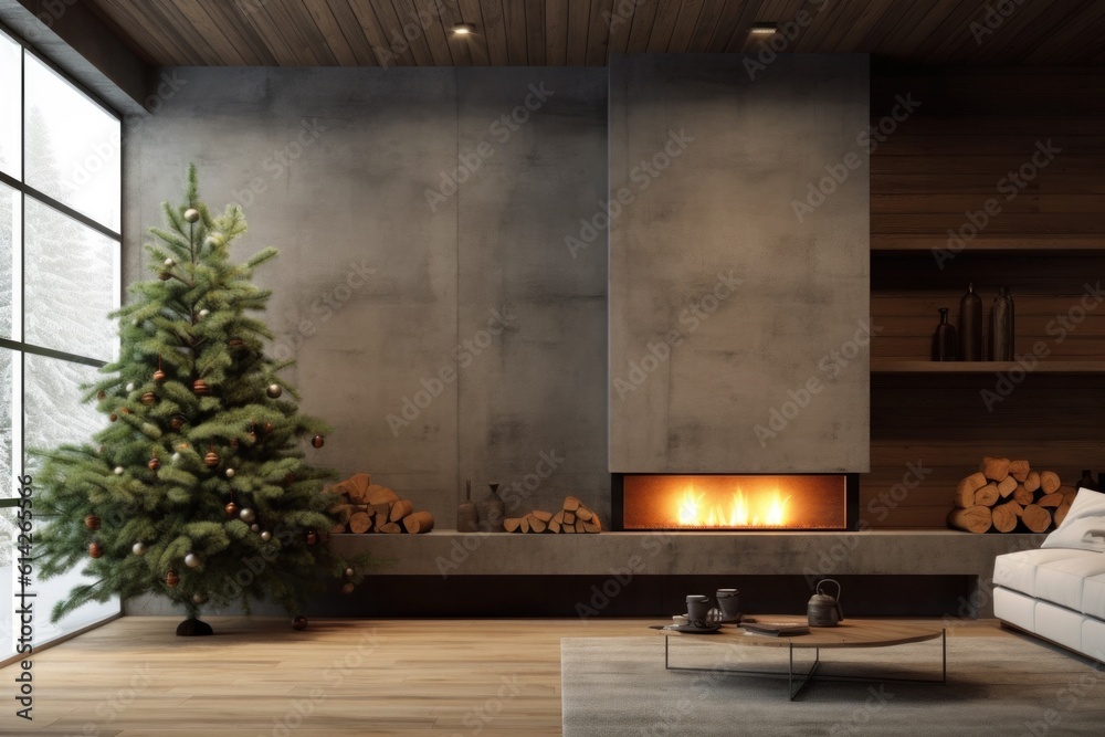 Cozy Christmas Background with Fireplace. Illustration AI Generative.