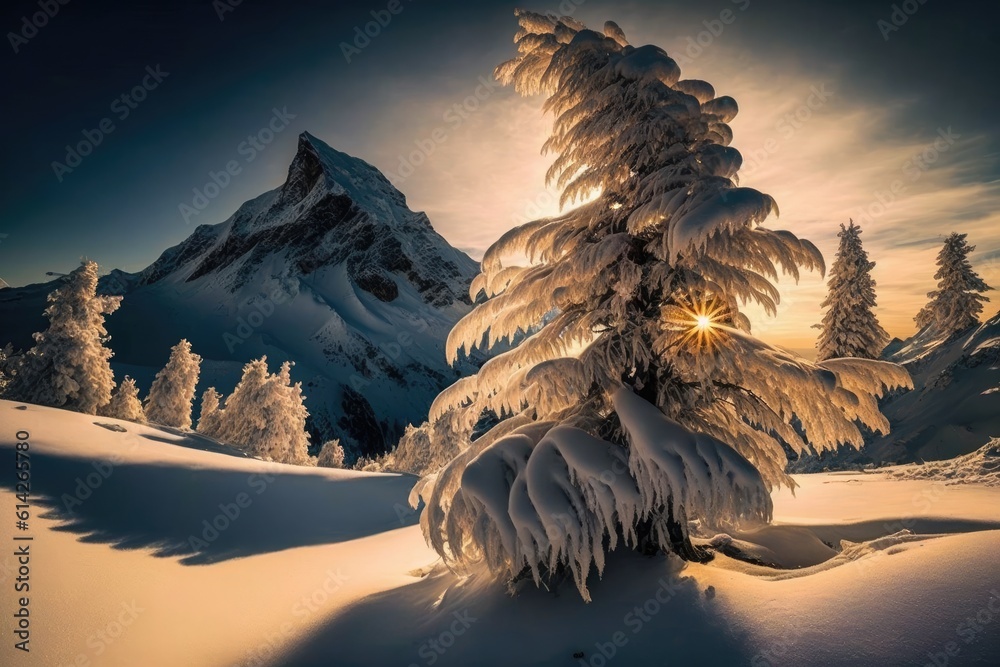 solitary snow-covered tree standing tall in the midst of a mountain landscape. Generative AI