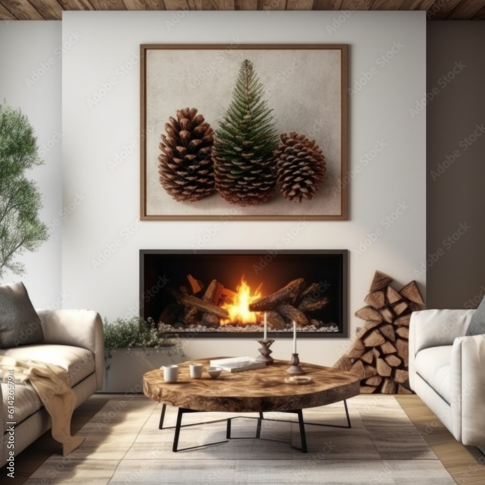 Cozy Christmas Background with Fireplace. Illustration AI Generative.