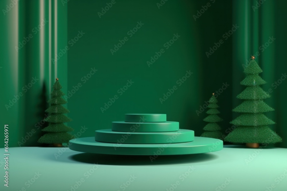 Green Christmas Podium Background. Illustration AI Generative.