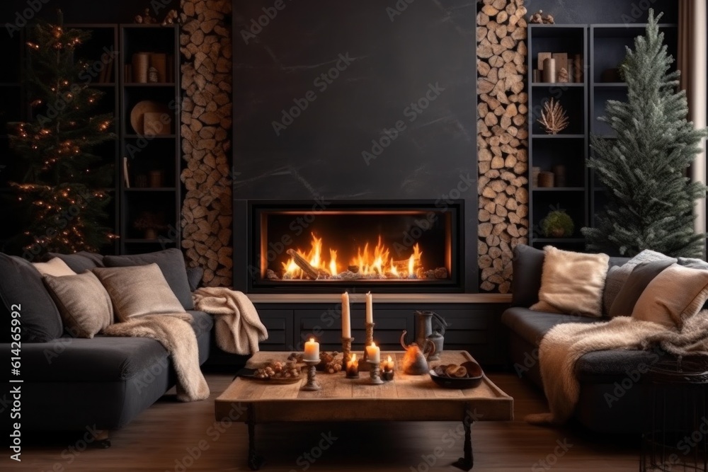 Cozy Christmas Background with Fireplace. Illustration AI Generative.