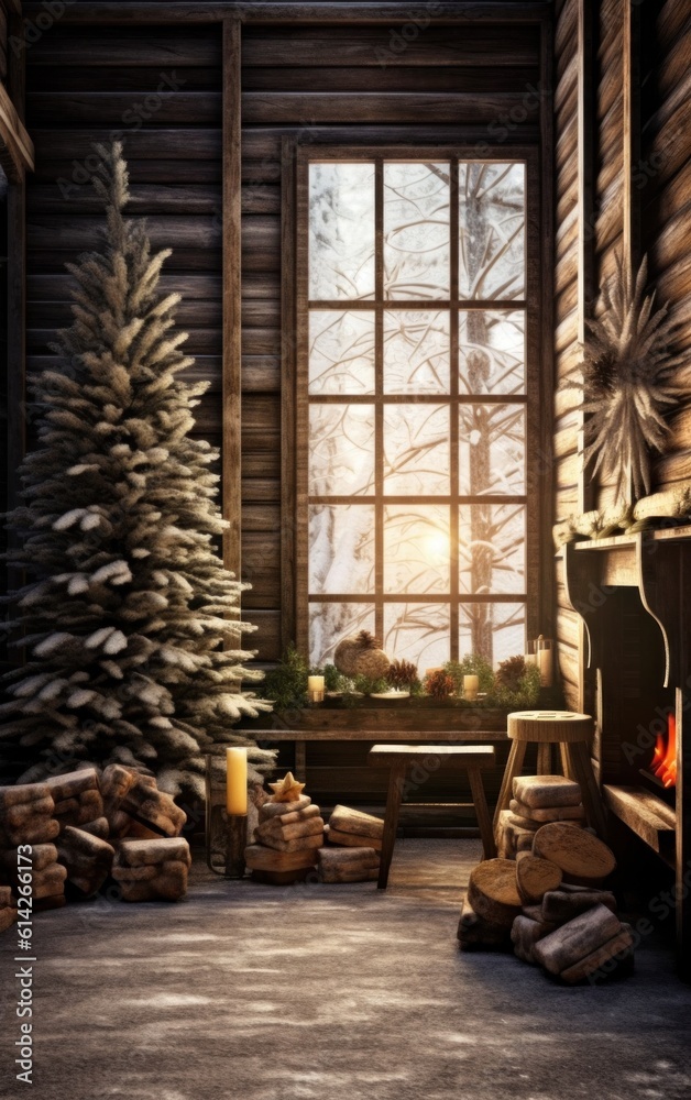 Decorated Winter Christmas Interior. Illustration Generative AI.