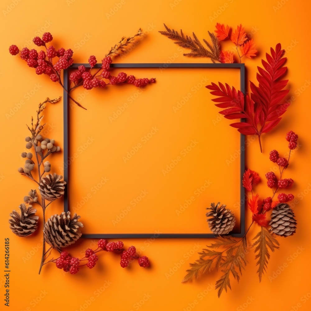 Autumn frame with falling leaves. Illustration AI Generative.