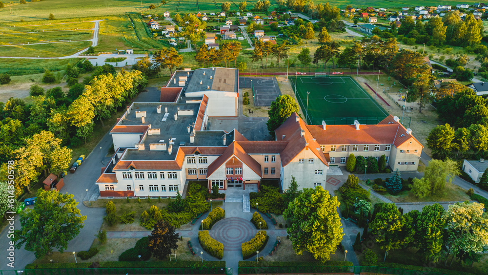 Primary school on Sobieszewo Island, Gdańsk, Poland. Drone view.