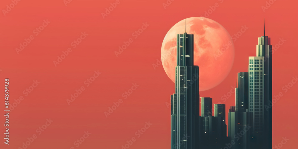 Panoramic cityscape in cyberpunk futuristic style. Towering skyscrapers in neon retrowave colors. Ge