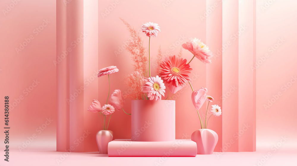 Podium with pink roses on pastel pink background to display products, gift or cosmetics. Generative 