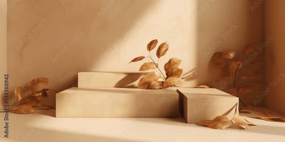 Beige podium for product display presentation. Sandstone and sandy colored plants. Generative AI