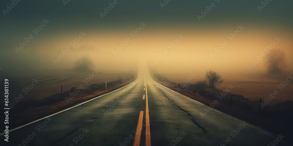 Minimalistic misty empty road. Foggy highway. Mystery travel concept. Generative AI