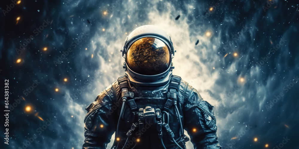 Portrait of astronaut floating in space with a asteroids, space rocks, burning sparks on backdrop. G