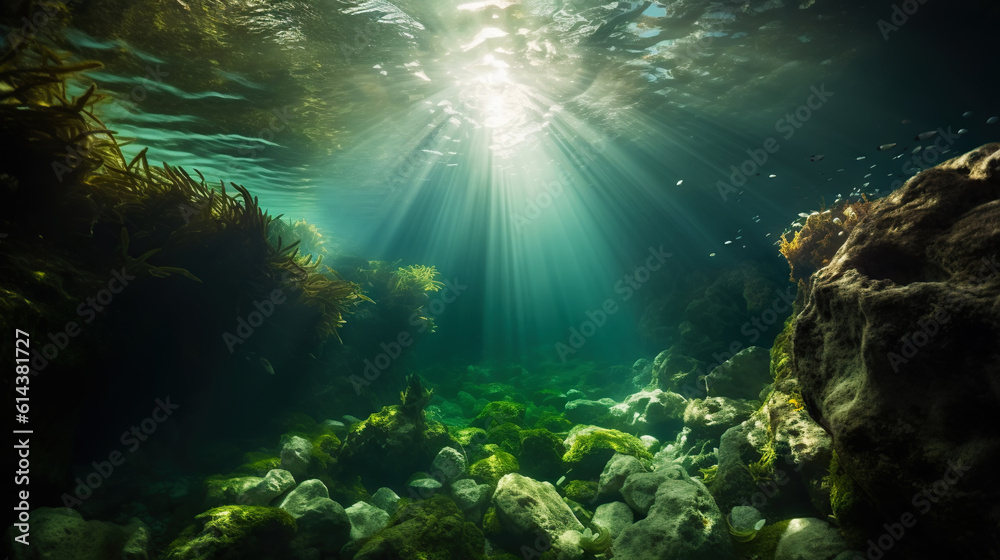 Underwater sunlight through the water surface seen from a rocky seabed with algae. Generative AI