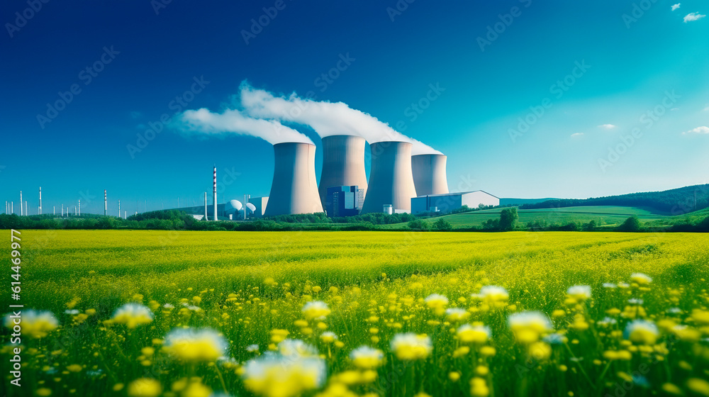 nuclear power plant with blue summer sky and green grass landscape