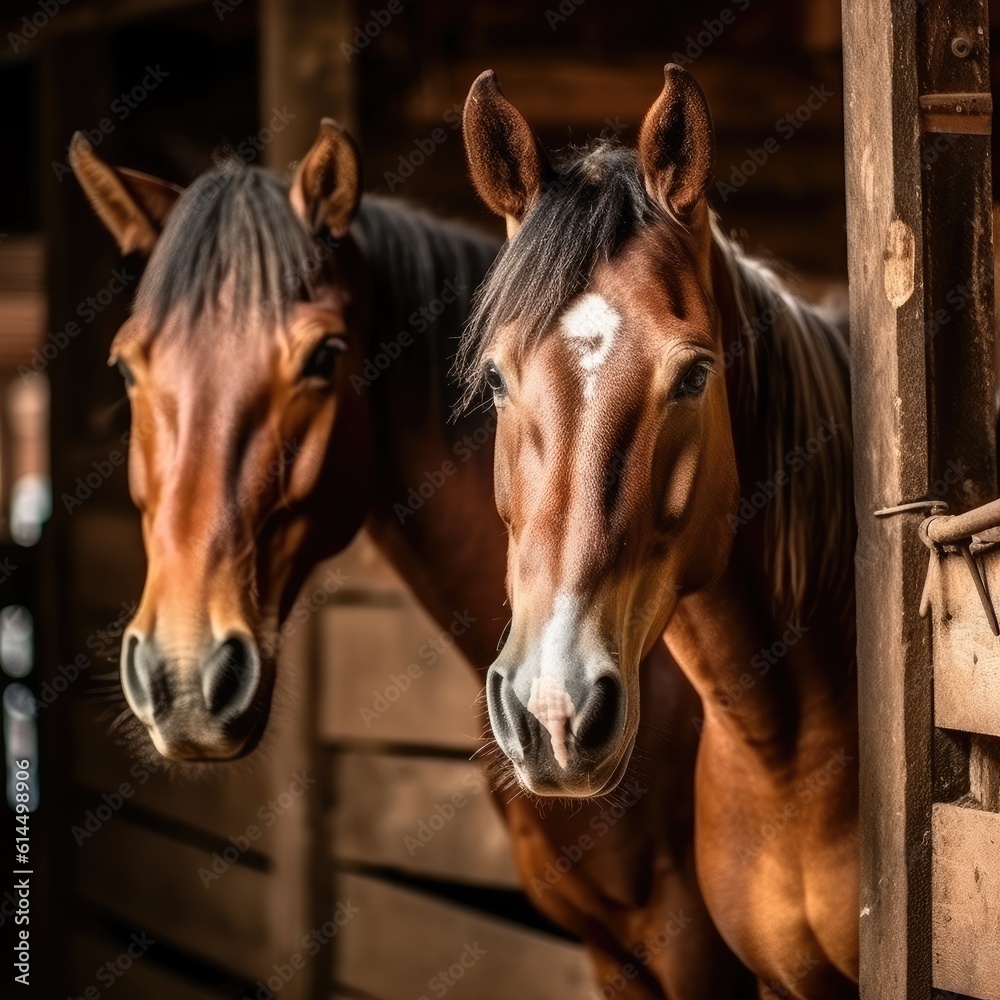 Adorable horses, Portrait of an adorable brown horse with a white face in wooden stable.