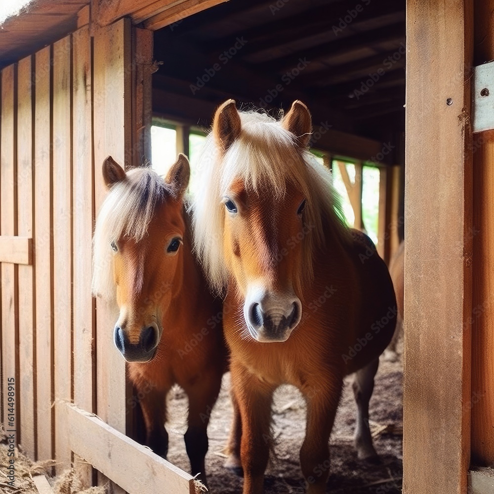 Adorable horses, Portrait of an adorable brown horse with a white face in wooden stable.