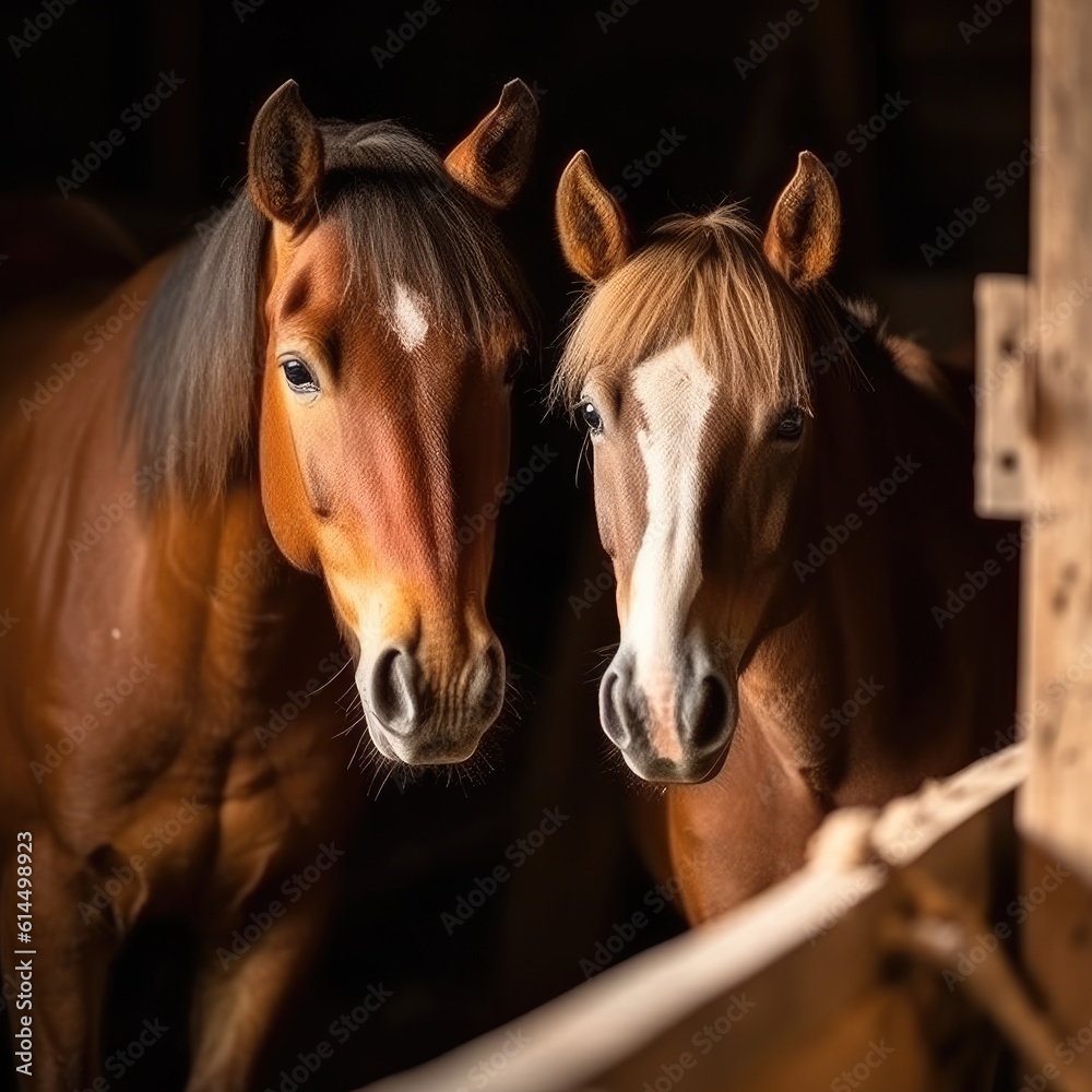 Pony horse looks out of an old wooden stable, Animal.