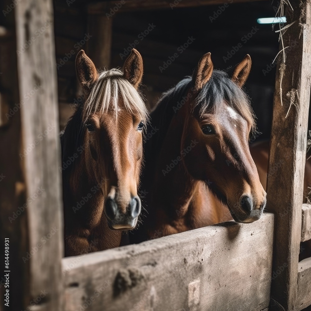 Pony horse looks out of an old wooden stable, Animal.