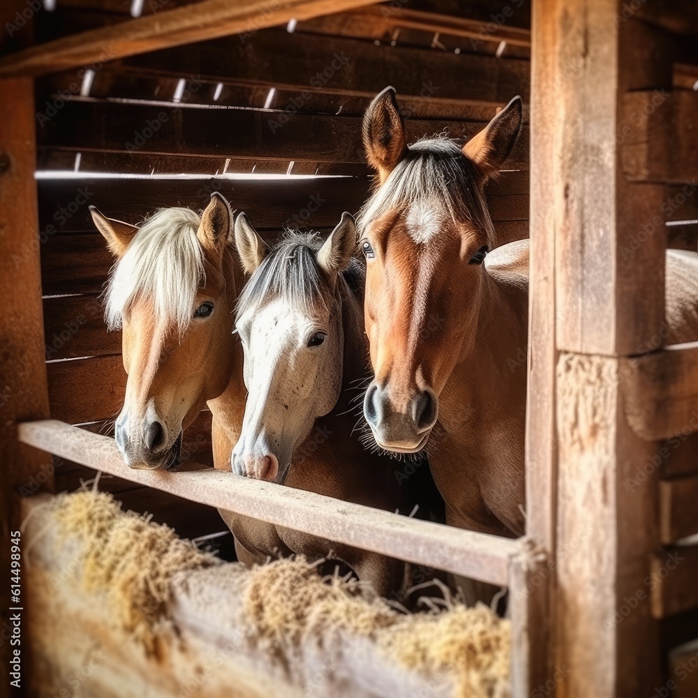 Two horses are standing in wooden stable at farm.