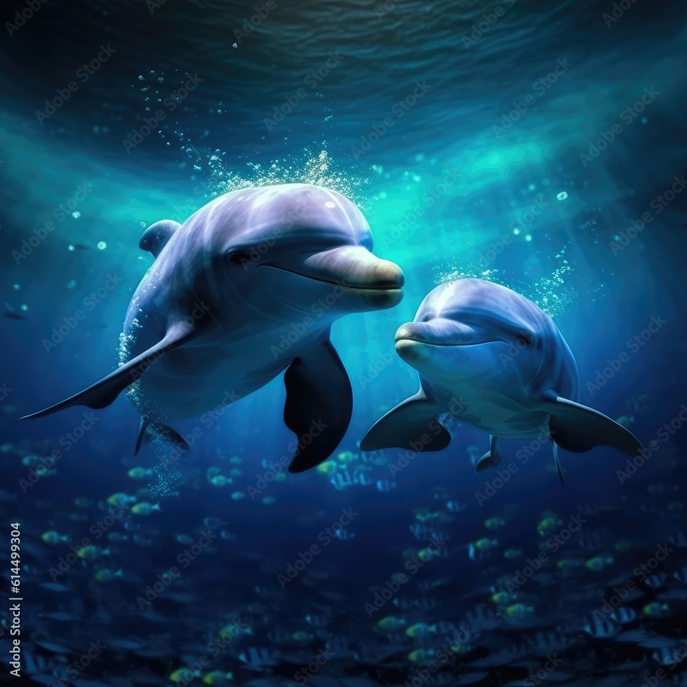 Lovely dolphin playing together in underwater marine world.