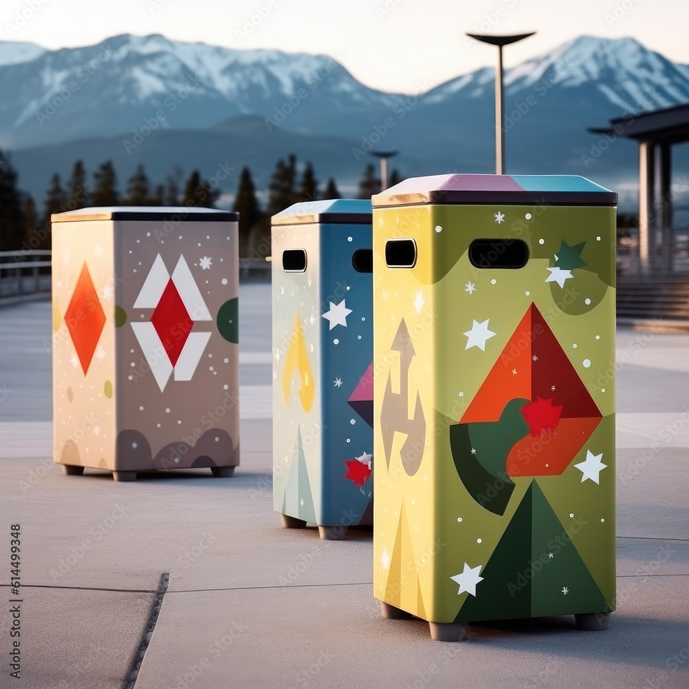 Garbage containers featuring a prominent recycling symbol, This concept highlights the significance 