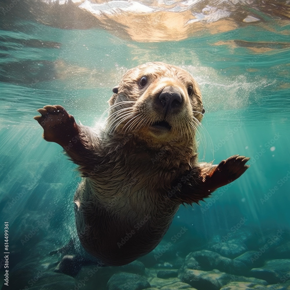 Cute Sea Otter Playing Underwater, Otter underwater.