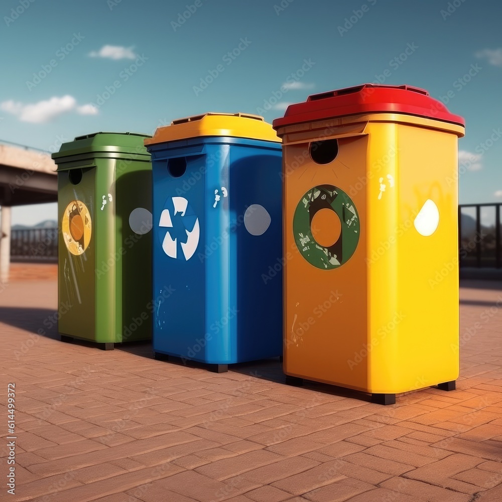 Garbage containers featuring a prominent recycling symbol, This concept highlights the significance 