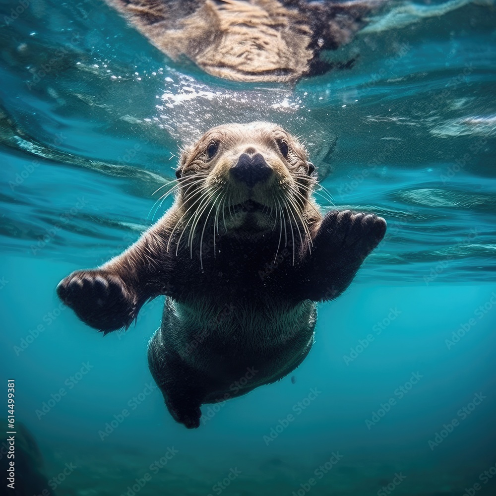 Cute Sea Otter Playing Underwater, Otter underwater.