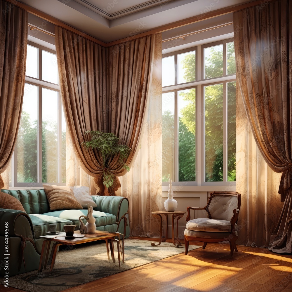 Room with a window and a curtain in the corner, Elegant interior design with luxurious curtains.