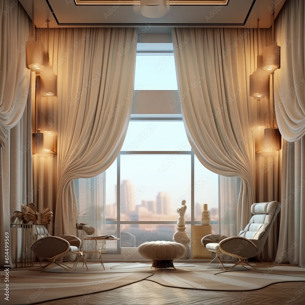 Room with a window and a curtain in the corner, Elegant interior design with luxurious curtains.