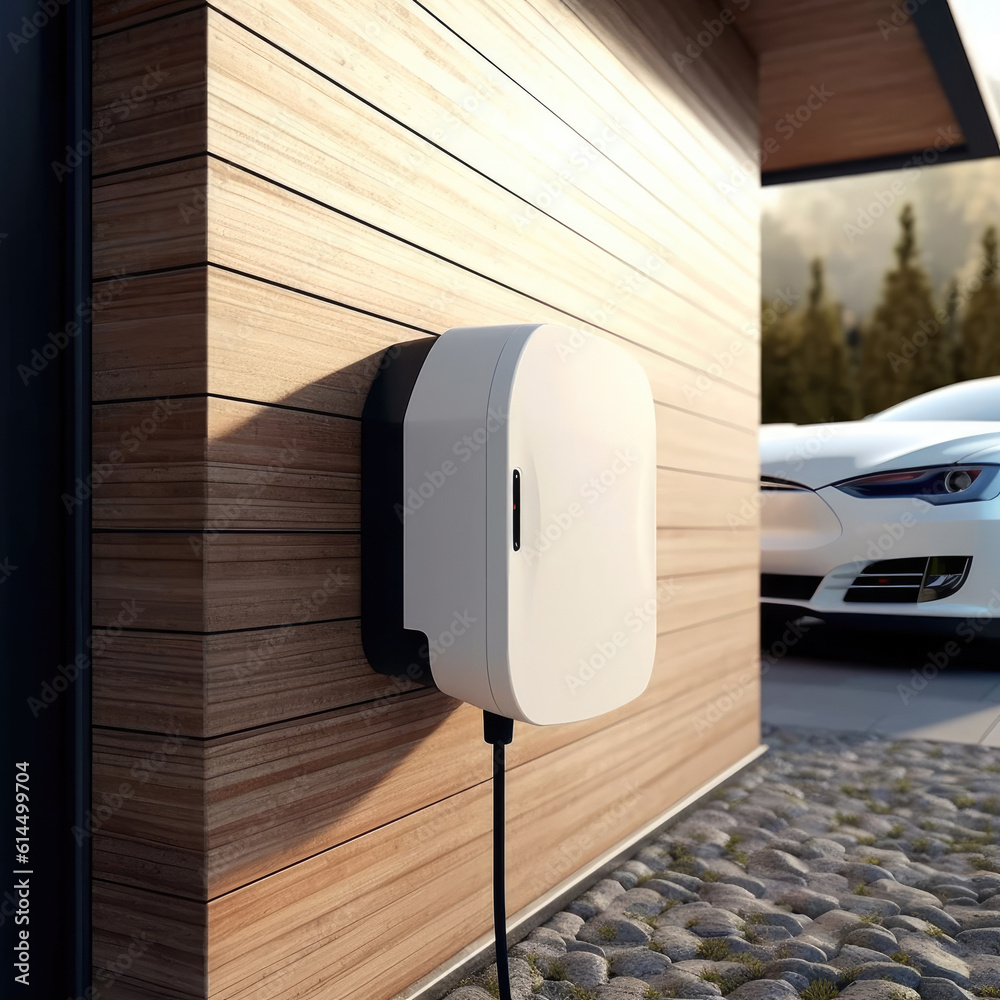 Wall mounted electric charger in the home garage, Fuel power and transportation industry concept.