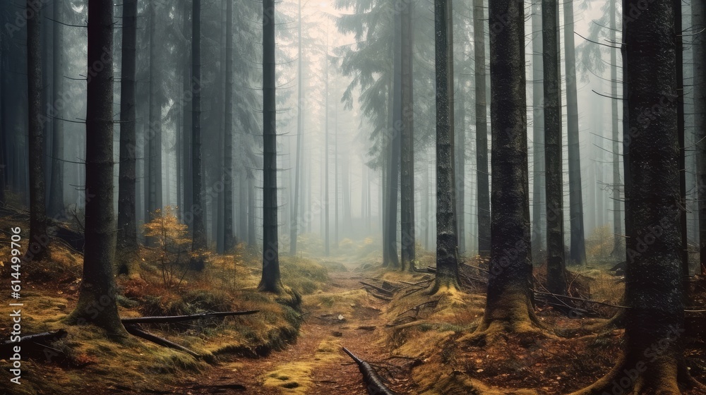 Forest trail among the deciduous and coniferous trees, Foggy forest among trees.