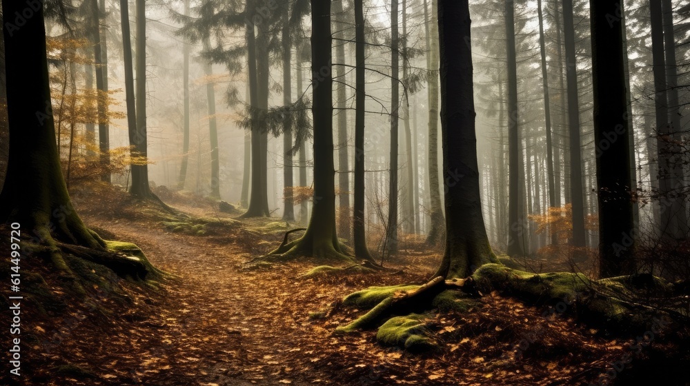 foggy forest among trees, Forest in the morning in a fog in the sun.