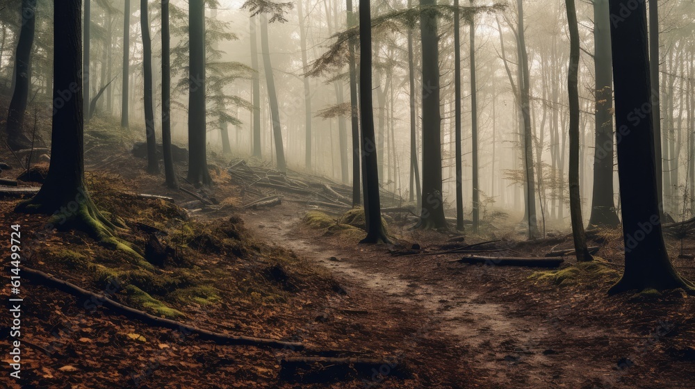 Forest trail among the deciduous and coniferous trees, Foggy forest among trees.