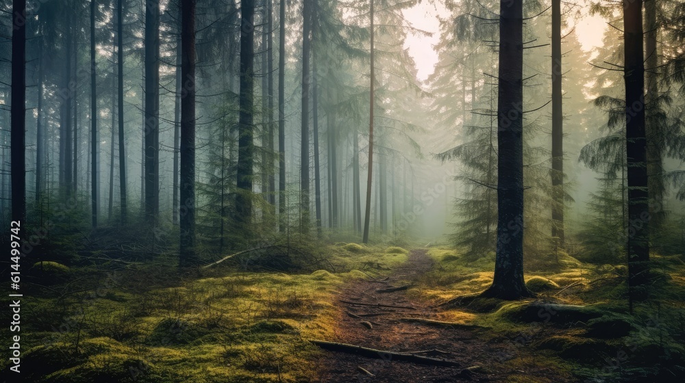 Forest trail among the deciduous and coniferous trees, Foggy forest among trees.