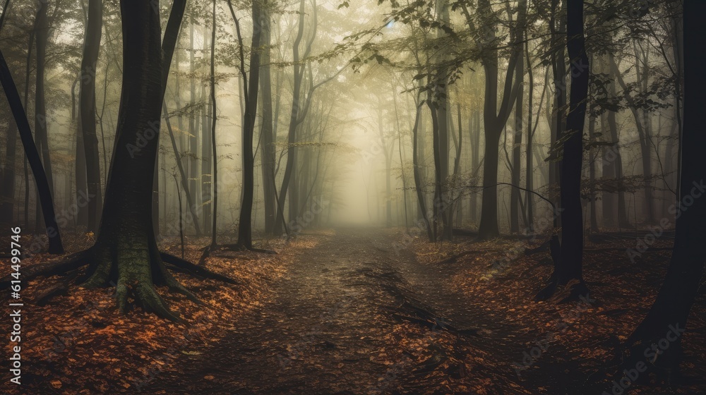 Mysterious toned forest pathway. Footpath in the dark, foggy, autumnal, cold forest among high trees