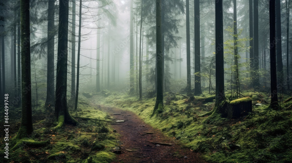 Mountain path among the trees and fog, Beautiful mountain landsca