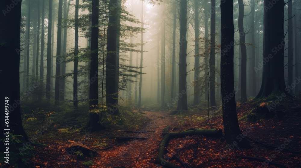 Forest trail among the deciduous and coniferous trees, Foggy forest among trees.