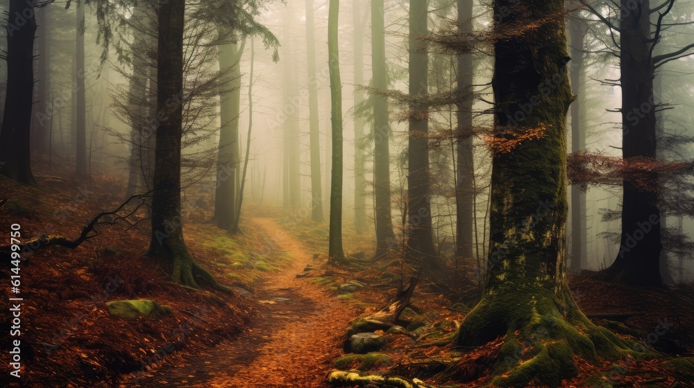 foggy forest among trees, Forest in the morning in a fog in the sun.