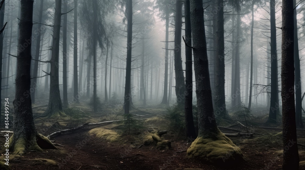 Mountain path among the trees and fog, Beautiful mountain landsca