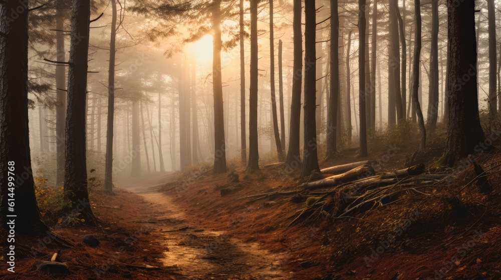 Mysterious toned forest pathway. Footpath in the dark, foggy, autumnal, cold forest among high trees