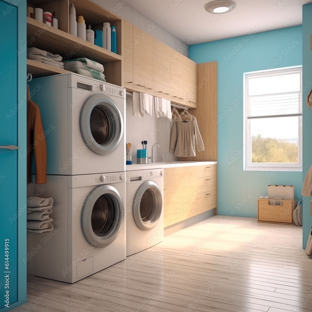 Modern laundry room interior with white brick walls, Wooden consoles and shelves with washing machin