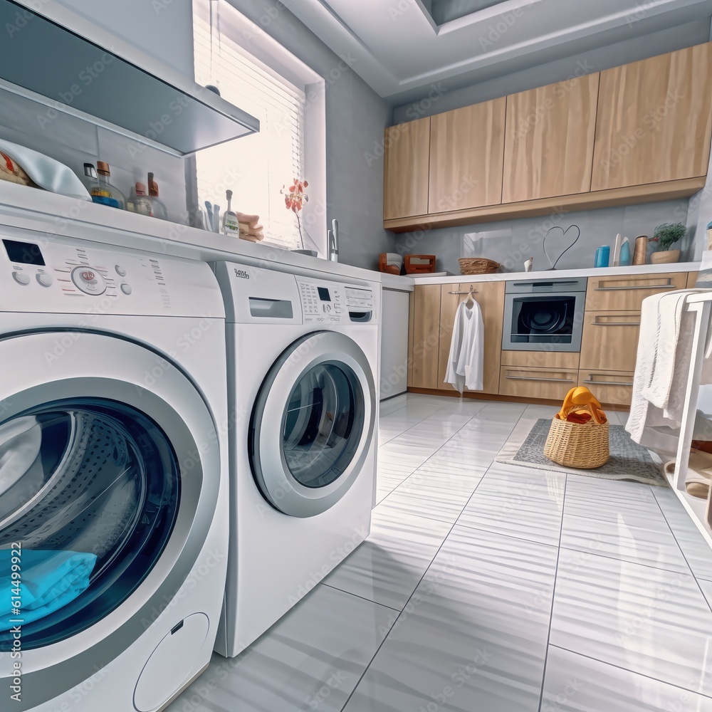 Modern clean laundry room with washing machine and dryer with shelves.