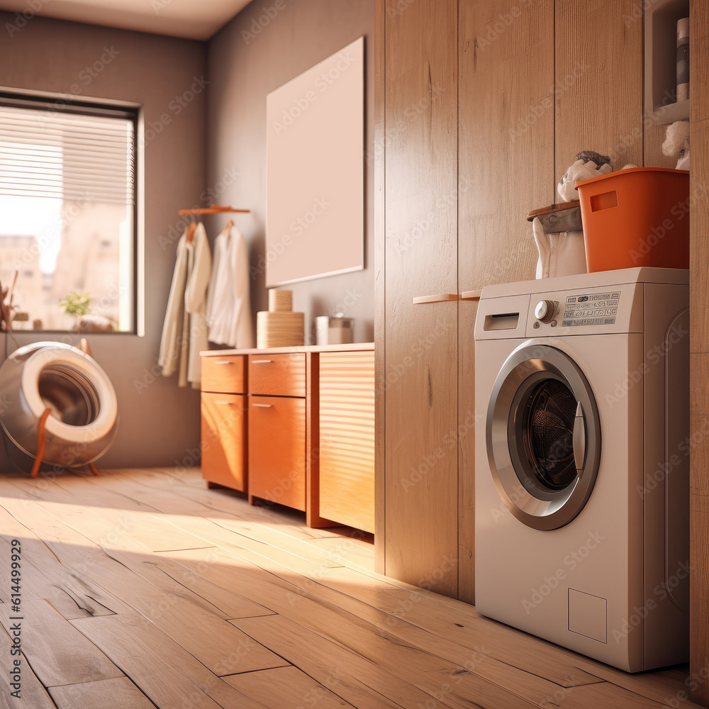 Modern Laundry Room With Washing Machine, Dryer And Cabinets, laundry room interior.