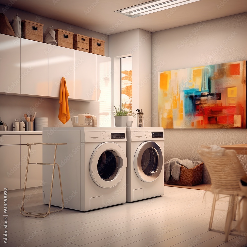 Laundry room in new custom built luxury home,Modern washing machine in laundry room interior.