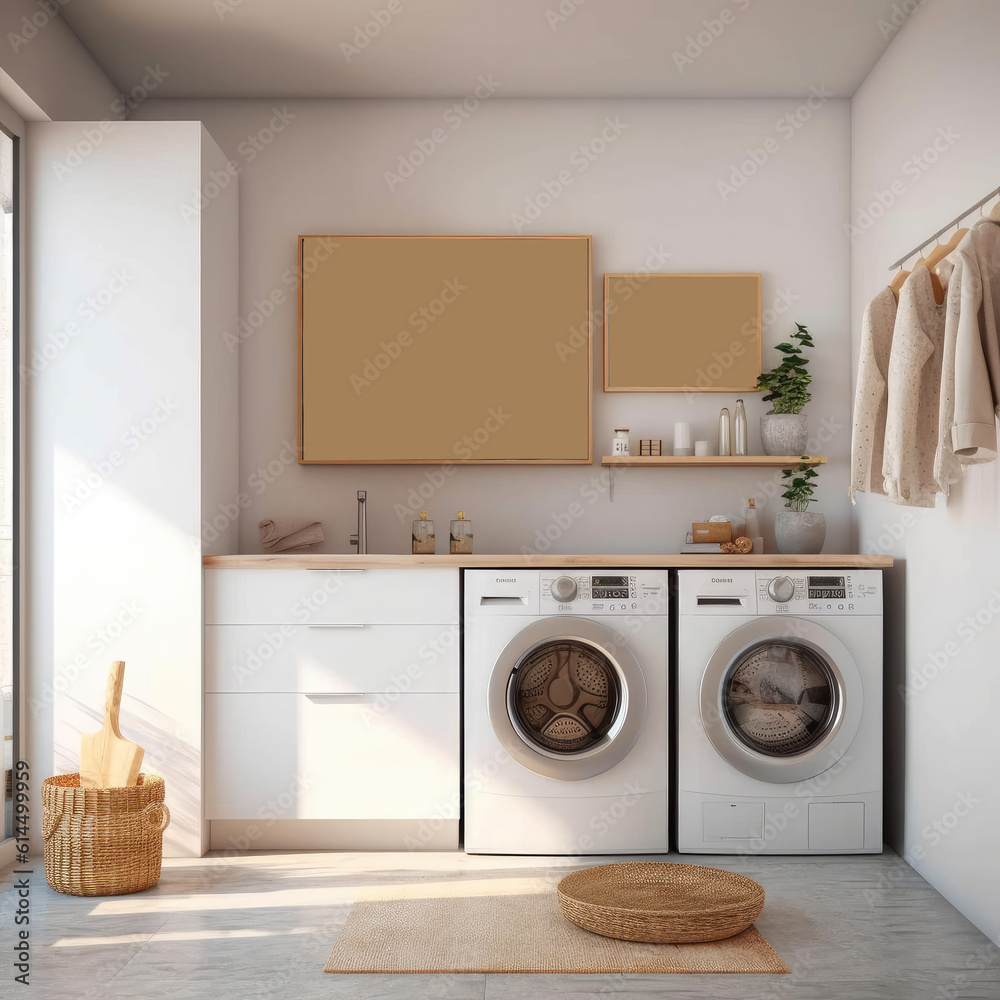 Laundry room in new custom built luxury home,Modern washing machine in laundry room interior.