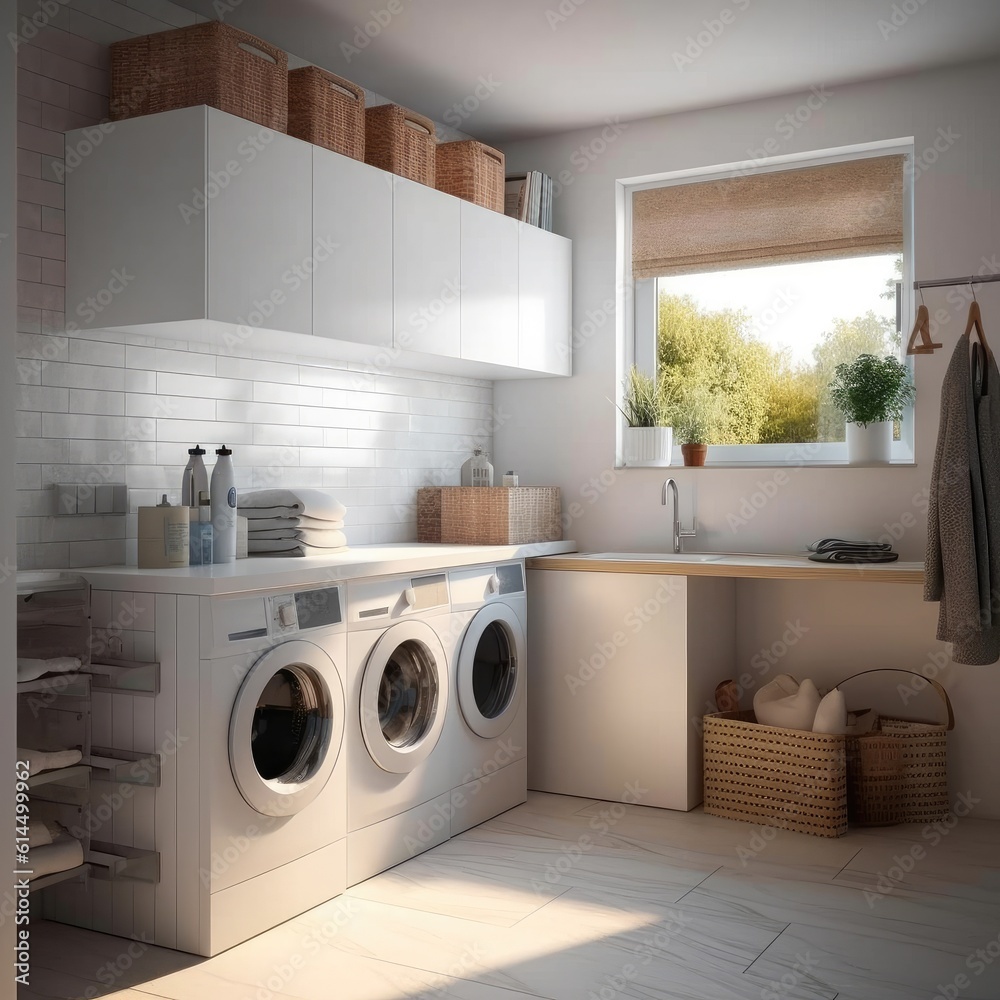 Modern Laundry Room With Washing Machine, Dryer And Cabinets, laundry room interior.